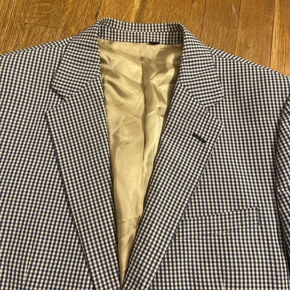 Orvis Gingham Check Blue Beige Blazer Jacket Sport Coat Mens 42R Cotton - Poly